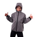 detská softshellová bunda sivý melír Jožánek, s kapucňou so šiltom, vreckami