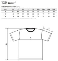 veľkostná tabuľka pre pánske tričko Basic 129 Malfini s krátkym rukávom