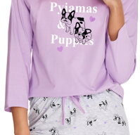 detail sv.fialového dámskeho pyžama Ida 2581 Taro s dlhým rukávom, so psíkmi