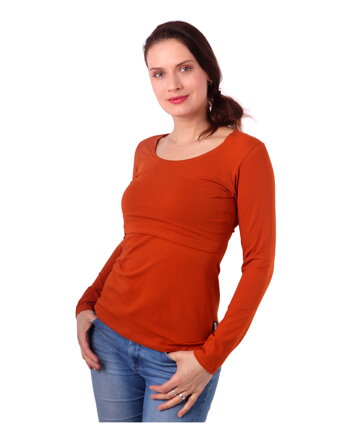 škoricové dámske tričko s dlhým rukávom na kojenie, dojčenie Kateřina Jožánek
