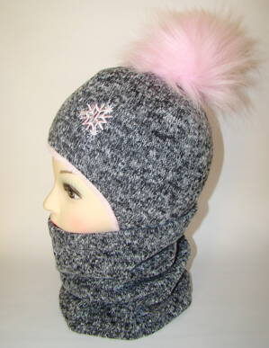 Repal dievčenská zimná súprava - čiapka a nákrčník V35 sivá / ružová