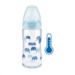 NUK sklenená dojčenská fľaša First Choice s kontrolou teploty 240 ml modrá