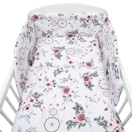 New Baby 3-dielne posteľné obliečky 100/135 cm biele kvety a pierka