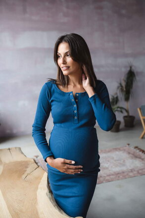 Milk & love tehotenské a dojčiace šaty rebrované s dlhým rukávom Tummy tyrkysová