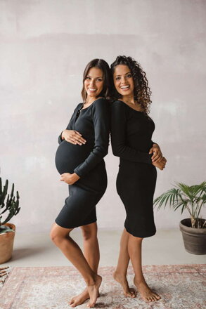 Milk & love tehotenské a dojčiace šaty rebrované s dlhým rukávom Tummy čierne