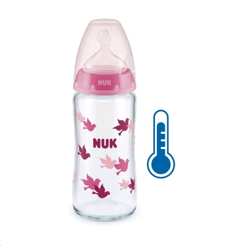 NUK sklenená dojčenská fľaša First Choice s kontrolou teploty 240 ml ružová